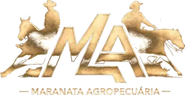 Marca da Maranata Agropecuária em dourado, com o monograma MA entre um cavalo em parada de rédeas e um cavalo em trabalho de boi