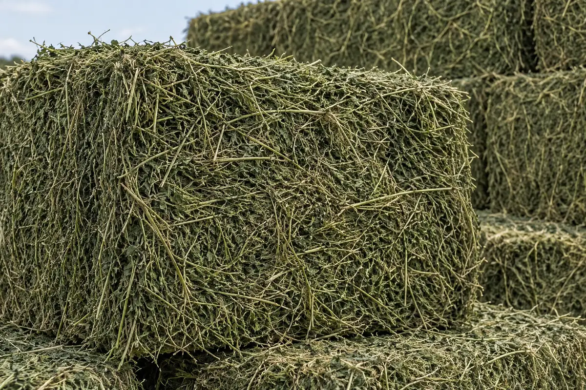 Representação de fardos de alfafa verde empilhados